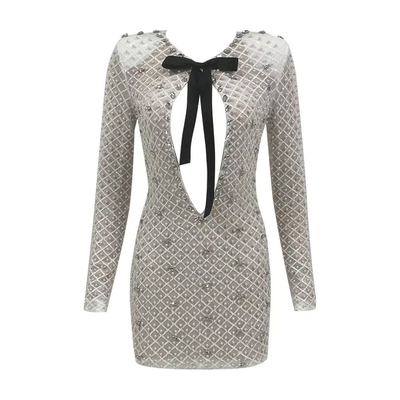LS2581 Luxurious Pearl Crystal Party Dress Elegant Long Sleeve Straight Knife Skirt Elastic Waistline for Women's Parties