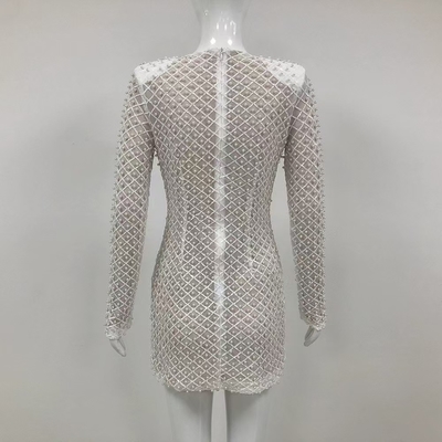 LS2581 Luxurious Pearl Crystal Party Dress Elegant Long Sleeve Straight Knife Skirt Elastic Waistline for Women's Parties