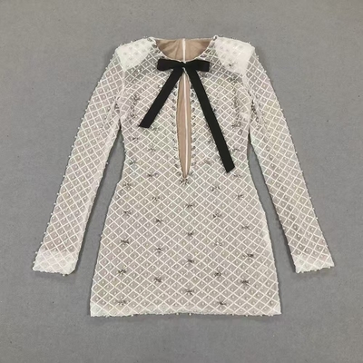 LS2581 Luxurious Pearl Crystal Party Dress Elegant Long Sleeve Straight Knife Skirt Elastic Waistline for Women's Parties