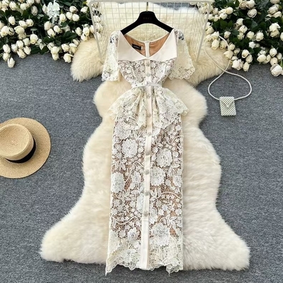 Sophisticated and Customizable Luxurious Women's Summer V-Neck Bodycon Lace Hollow Out White Mixi Dress with Waist Belt