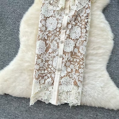 Sophisticated and Customizable Luxurious Women's Summer V-Neck Bodycon Lace Hollow Out White Mixi Dress with Waist Belt