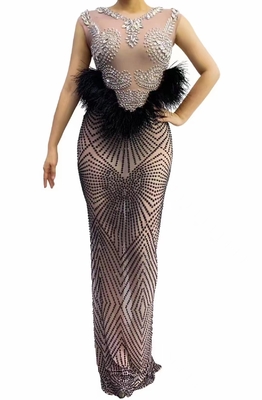 AD2254 Kimshein Top Fashion Celebrity Crystal Shiny Dress Ostrich Feather Party Dress for Women No Printing Method