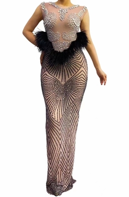 AD2254 Kimshein Top Fashion Celebrity Crystal Shiny Dress Ostrich Feather Party Dress for Women No Printing Method