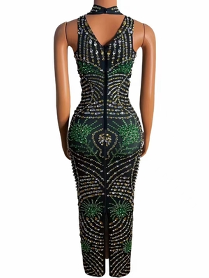 AD2256 Sexy Women's Club Wear Water Drill Long Luxury Celebrity Crystal Stone Dress with Ammonia / Polyester Material