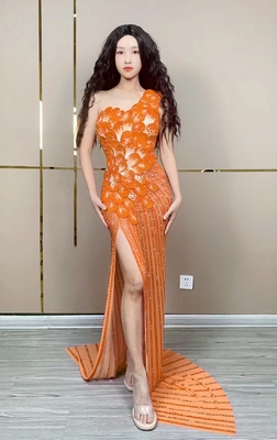 AD2053 Handmade Evening Gown 3D Flower Crystal Sexy Dress with Illusion Element and Patchwork Pattern