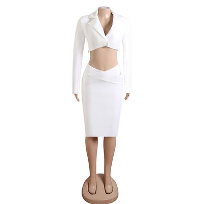 White SR2313 Luxury Two-Piece Set for Women Elegant Long-Sleeved Bandage Top and Skirt