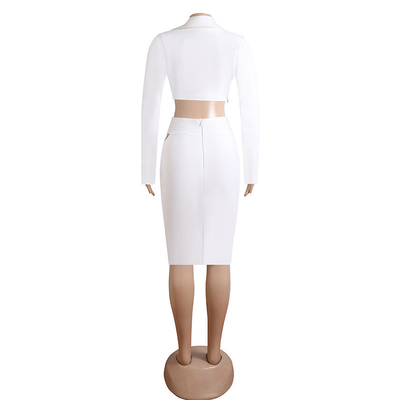White SR2313 Luxury Two-Piece Set for Women Elegant Long-Sleeved Bandage Top and Skirt