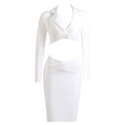 White SR2313 Luxury Two-Piece Set for Women Elegant Long-Sleeved Bandage Top and Skirt