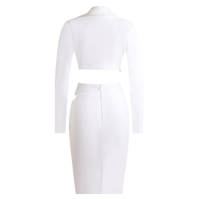 White SR2313 Luxury Two-Piece Set for Women Elegant Long-Sleeved Bandage Top and Skirt