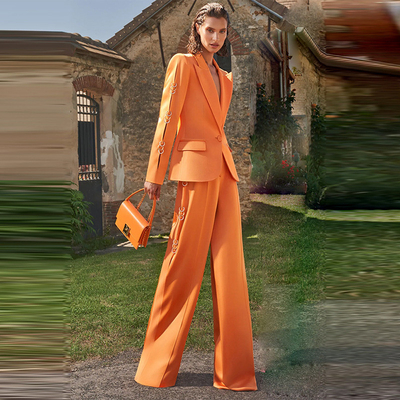 SR2220 Luxurious and Elegant Women's T-Table Design Suit with Ring Decoration 2 Pieces Set Polyester Cotton Fabric Pockets
