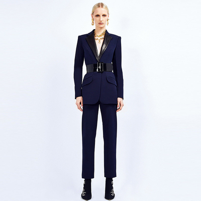 SR2217 Women's Suit Pants Design in Deep Blue Two-Piece Business Suit Jacket for Women Made of Polyester and Cotton Fabric