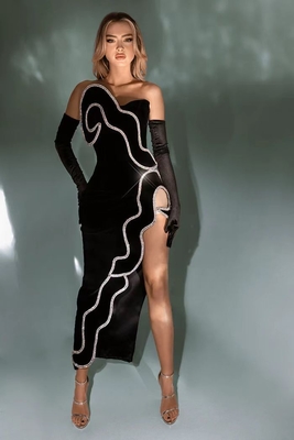 ED2515 Customized Black Velvet Dress for Women Featuring Crystal Decoration and Strapless Neckline