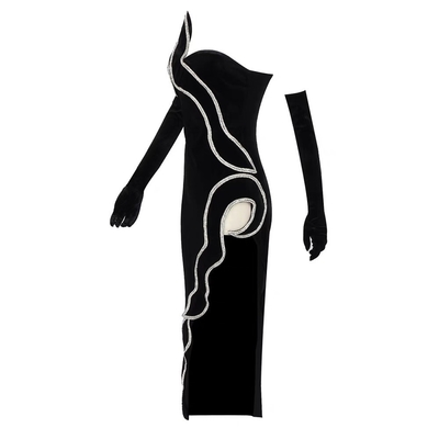ED2515 Customized Black Velvet Dress for Women Featuring Crystal Decoration and Strapless Neckline