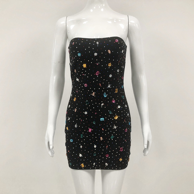Custom Logo/Graphic Design Supported Strapless Off-Shoulder Bodycon Bandage Cocktail Dress with Rhinestones and Crystals