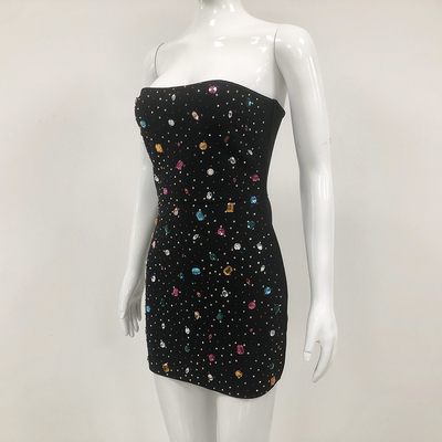 Custom Logo/Graphic Design Supported Strapless Off-Shoulder Bodycon Bandage Cocktail Dress with Rhinestones and Crystals