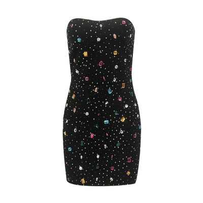 Custom Logo/Graphic Design Supported Strapless Off-Shoulder Bodycon Bandage Cocktail Dress with Rhinestones and Crystals
