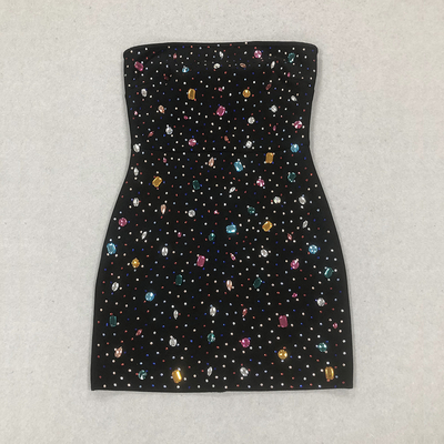 Custom Logo/Graphic Design Supported Strapless Off-Shoulder Bodycon Bandage Cocktail Dress with Rhinestones and Crystals