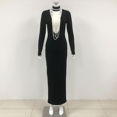 LS2510 Fashion Pearl Chain Tight Bandage Dress Long Sleeve High Neck Sexy Maxi Evening Dress with Standard Sleeves