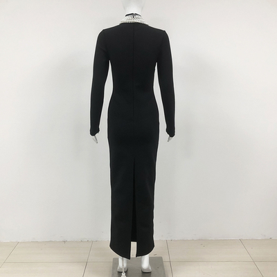 LS2510 Fashion Pearl Chain Tight Bandage Dress Long Sleeve High Neck Sexy Maxi Evening Dress with Standard Sleeves
