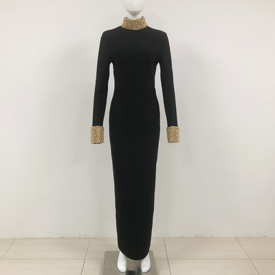 LS2512 Kimshein Women's Black Long Sleeve Fashion Luxury Party Dress Club Bandage Pearl Dress Polyester/Cotton Material