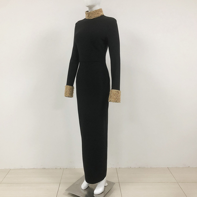 LS2512 Kimshein Women's Black Long Sleeve Fashion Luxury Party Dress Club Bandage Pearl Dress Polyester/Cotton Material