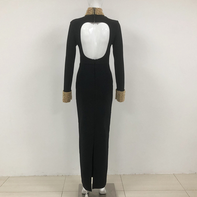 LS2512 Kimshein Women's Black Long Sleeve Fashion Luxury Party Dress Club Bandage Pearl Dress Polyester/Cotton Material