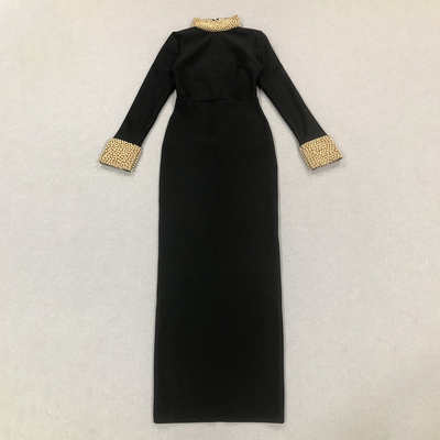 LS2512 Kimshein Women's Black Long Sleeve Fashion Luxury Party Dress Club Bandage Pearl Dress Polyester/Cotton Material