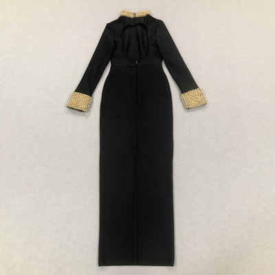 LS2512 Kimshein Women's Black Long Sleeve Fashion Luxury Party Dress Club Bandage Pearl Dress Polyester/Cotton Material