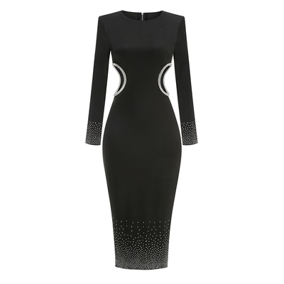LS2514 Fashionable and Sophisticated Ladies' Hollow Out Sexy Maxi Dress Long Sleeve Black Party Beaded Evening Gown