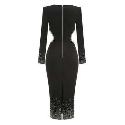 LS2514 Fashionable and Sophisticated Ladies' Hollow Out Sexy Maxi Dress Long Sleeve Black Party Beaded Evening Gown