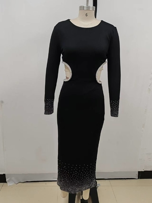 LS2514 Fashionable and Sophisticated Ladies' Hollow Out Sexy Maxi Dress Long Sleeve Black Party Beaded Evening Gown