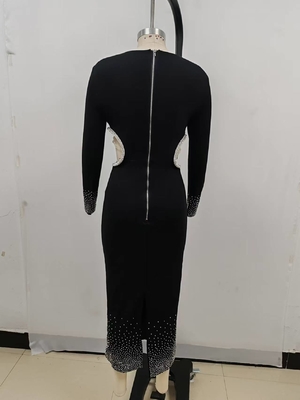 LS2514 Fashionable and Sophisticated Ladies' Hollow Out Sexy Maxi Dress Long Sleeve Black Party Beaded Evening Gown
