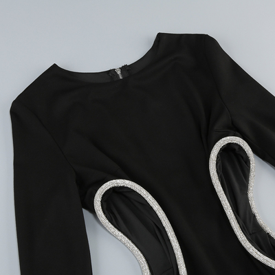 LS2514 Fashionable and Sophisticated Ladies' Hollow Out Sexy Maxi Dress Long Sleeve Black Party Beaded Evening Gown