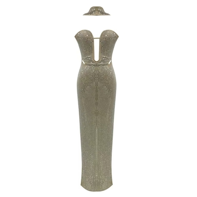 SB3266 Women's Luxurious Beaded Crystal Rhinestone Net Bodycon Maxi Evening Dress from Guangdong for Formal Occasions
