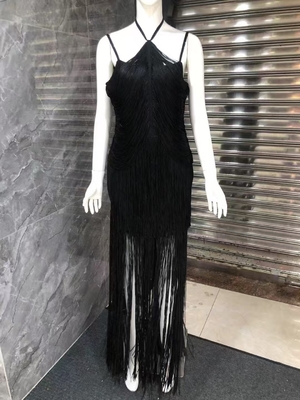 SB3052 Unique Design Backless Fringe Maxi Dress in Solid Color for Fashionable Party