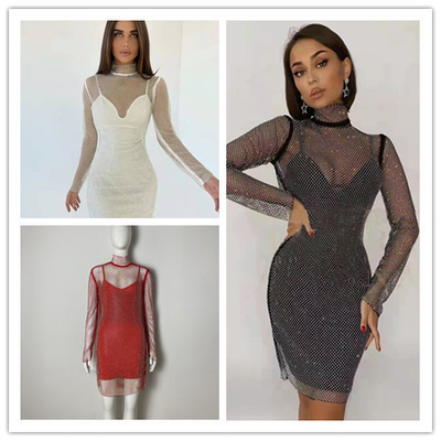 Tight-Fitting BY1503 Kimshein Luxury Women's Long Sleeve Birthday Set Mesh Crystal Dress Diamond Fashion Dress Party Club
