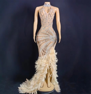 AD2049 Long Party Dress with Handmade Crystal and Rhinestone Embellishments Feather Details Customizable Logo Placement