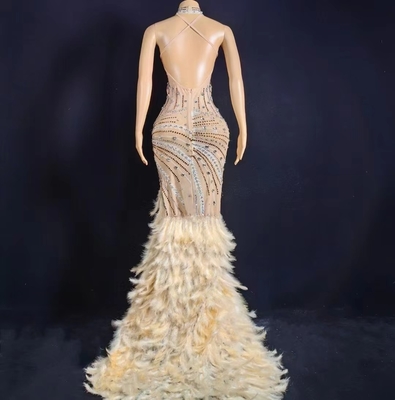 AD2049 Long Party Dress with Handmade Crystal and Rhinestone Embellishments Feather Details Customizable Logo Placement