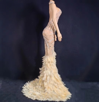 AD2049 Long Party Dress with Handmade Crystal and Rhinestone Embellishments Feather Details Customizable Logo Placement