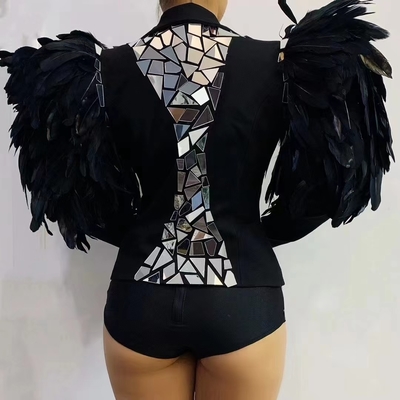 Other Printing Method AD2197 Women's Party Wear Sparkling Cocktail Two-Piece Animal Feather Outfit Sexy Black Jacket Set