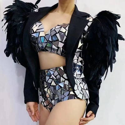 Other Printing Method AD2197 Women's Party Wear Sparkling Cocktail Two-Piece Animal Feather Outfit Sexy Black Jacket Set