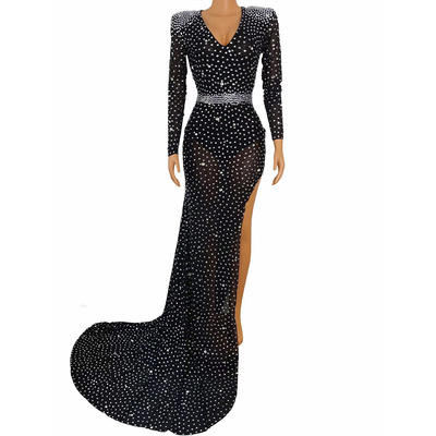 V-Neck AD1227 Handmade Crystal Clothing Luxury Rhinestone Maxi Dress for Women Gloor Length Evening Gown for Dance Party