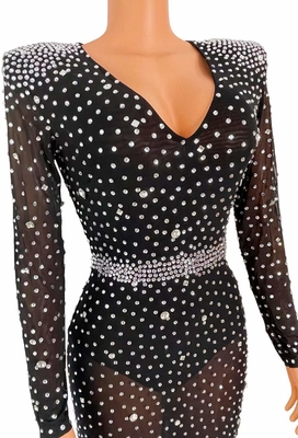 V-Neck AD1227 Handmade Crystal Clothing Luxury Rhinestone Maxi Dress for Women Gloor Length Evening Gown for Dance Party