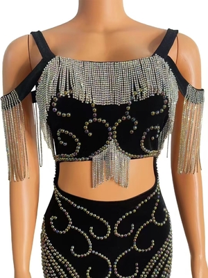 AD2297 Women's Two-Piece Set Sleeveless Nightclub Dress with Shimmering Rhinestones and Sparkling Tassels