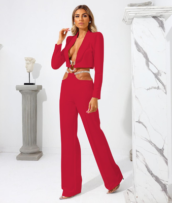 Kimshein SR2214 Women's Fashionable and Elegant Two-Piece Set Solid Color Sexy Design Luxury Casual Polyester Cotton Fabric