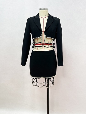 SR2213 Luxurious Crystal Beaded Black Cutout Dress Spring Two-Piece Set for Women in Polyester and Cotton Construction