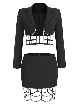 SR2213 Luxurious Crystal Beaded Black Cutout Dress Spring Two-Piece Set for Women in Polyester and Cotton Construction