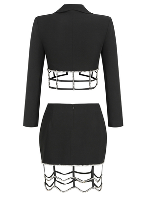 SR2213 Luxurious Crystal Beaded Black Cutout Dress Spring Two-Piece Set for Women in Polyester and Cotton Construction