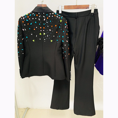 SR2211 Elegant Women's Two-Piece Suit with Long Water Crystal Decorated Dress and Office Lady Suit Jacket
