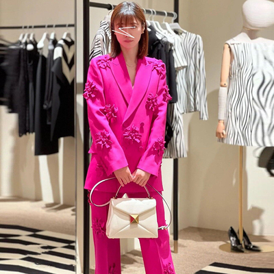 SS2220 Pink Suit Jacket and Pants Set Made of Polyester/Cotton Sexy Tight Bell-Bottom Pants